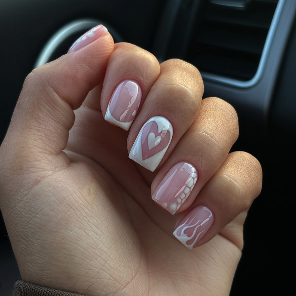 100 Best Valentine’s Day Nails ideas : White Valentine’s Nails with Heart, and Flame Tips