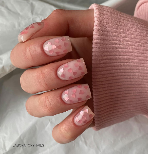 Soft Pink Hearts Encapsulated Short Nails, Best Valentine's Day Nails ideas, Valentine's Nails, Valentine nails, Valentine's day nails, cute Valentine's nail art