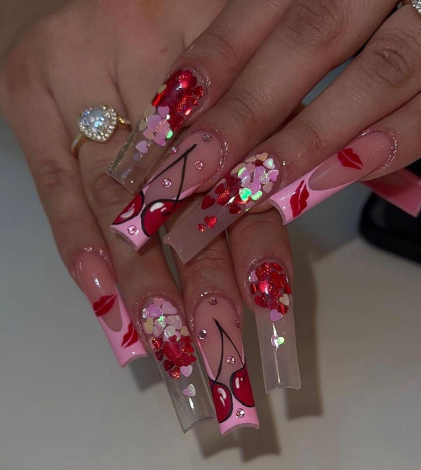 Bold Valentine’s Acrylic Nails with Cherry and Kiss Designs, Bold Red Heart and Kiss Accent Long Acrylic Nails, Valentine's day nails acrylic, Best Valentine's Day Nails ideas, Valentine's Nails, Valentine nails, Valentine's day nails, cute Valentine's nail art