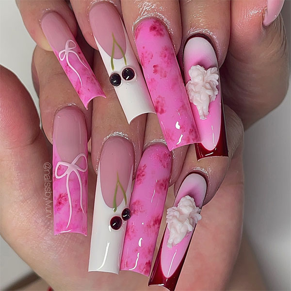 Pink and White Ombre French Tip Long Nails with Playful Details, Best Valentine's Day Nails ideas, Valentine's Nails, Valentine nails, Valentine's day nails, cute Valentine's nail art