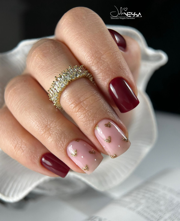 Square-Shaped Short Valentine’s Nails with Tiny Gold Hearts