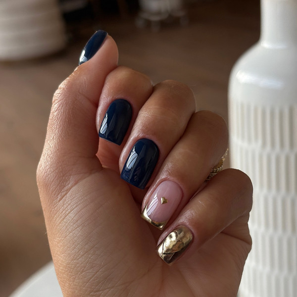 Navy Blue and Gold Short Nails with Tiny Gold Heart on Ring Finger, Valentine nails, Valentine's day nails, cute Valentine's nail art