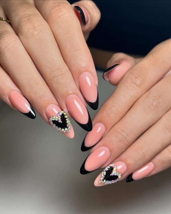 Almond-Shaped Black French Tip Valentine's Nails with 3D Black Heart Gem, Valentine's Nails, Valentine nails, Valentine's day nails, cute Valentine's nail art