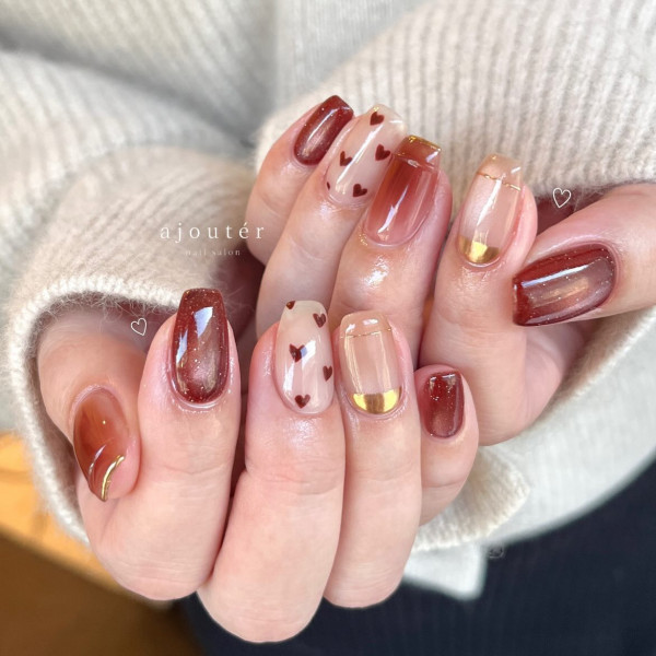 Romantic Gold Chrome Reverse French Valentine's Nail Art with Hearts, Valentine's Nails, Valentine nails, Valentine's day nails, cute Valentine's nail art