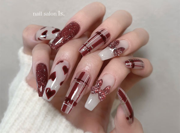 Elegant Sparkling Valentine’s Day Nail Art, plaid nails, valentine's day nails