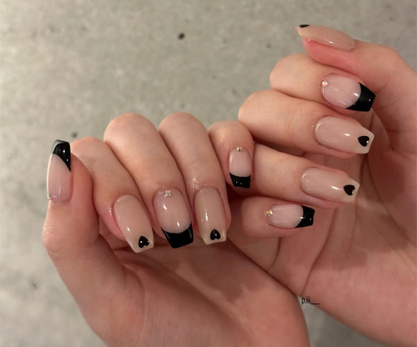 100 Best Valentine’s Day Nails ideas : Chic Black Heart French Tip Nails