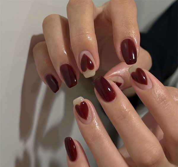 Simple and Romantic Burgundy Heart Nails, Best Valentine's Day Nails ideas, Valentine's Nails, Valentine nails, Valentine's day nails, cute Valentine's nail art