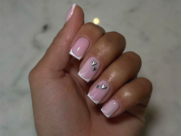 Classic French Manicure with Chrome Hearts Accents, Valentine's day nails, Valentine's nail art