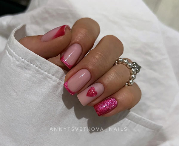 100 Best Valentine’s Day Nails ideas : Charming Bright Pink French Tips with Glitter and Heart Accent