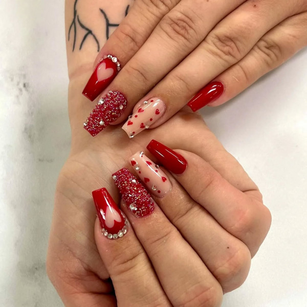 Glamorous Red Hearts and Glitter Nails, Best Valentine's Day Nails ideas, Valentine's Nails, Valentine nails, Valentine's day nails, cute Valentine's nail art