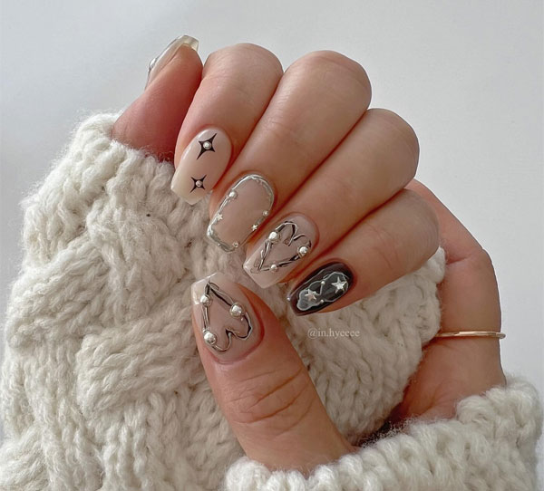 Celestial Short Valentine’s Day Nails with Stars, Pearls and Hearts