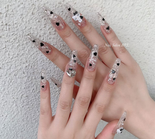 Black Hearts and Hello Kitty Glittery Sheer Acrylic Long Nails, Valentine nails, Valentine's day nails, cute Valentine's nail art