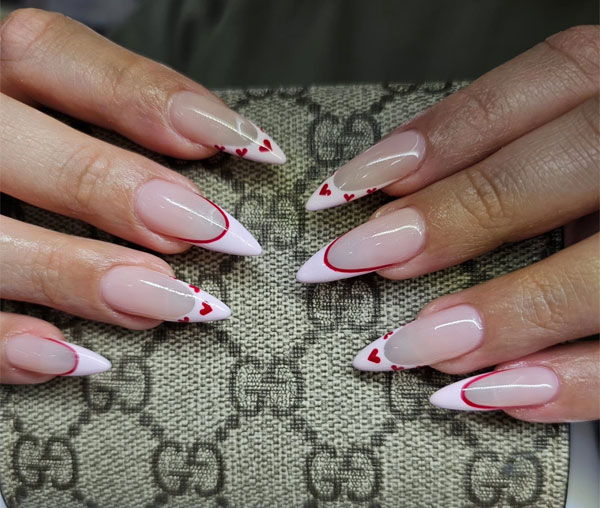 White and Red Double French Tips with Red Hearts, Best Valentine's Day Nails ideas, Valentine's Nails, Valentine nails, Valentine's day nails, cute Valentine's nail art