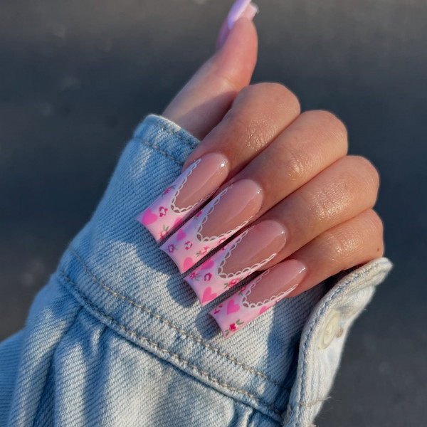 Pink Lace Valentine’s Nails Acrylic, Best Valentine's Day Nails ideas, Valentine's Nails, Valentine nails, Valentine's day nails, cute Valentine's nail art