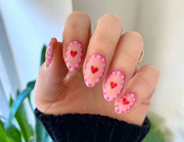 Romantic Subtle Valentine's Nail Art with Hearts, Best Valentine's Day Nails ideas, Valentine's Nails, Valentine nails, Valentine's day nails, cute Valentine's nail art