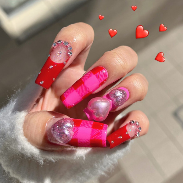 100 Best Valentine’s Day Nails ideas : Vibrant Red and Pink Acrylic Coffin-Shaped Valentine’s Day Nails