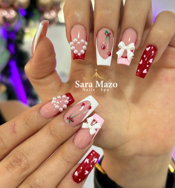 Cute Cherry and Bow Valentine's Day Nails Acrylic, Coffin-Shaped Acrylic Valentine's Day Nails, Best Valentine's Day Nails ideas, Valentine's Nails, Valentine nails, Valentine's day nails, cute Valentine's nail art