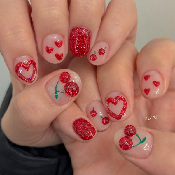 Cute Shimmery Cherry & Heart Short Nails for Valentine’s Day, simple valentine's day nails, Best Valentine's Day Nails ideas, Valentine's Nails, Valentine nails, Valentine's day nails, cute Valentine's nail art