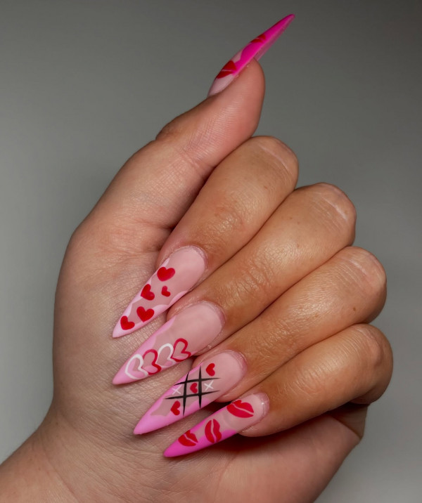 Eye-Catching Stiletto Pink and Red Valentine's Day Nails, Best Valentine's Day Nails ideas, Valentine's Nails, Valentine nails, Valentine's day nails, cute Valentine's nail art