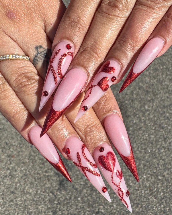 Edgy and Bold Stiletto Nails with Dramatic Red Tips, Best Valentine's Day Nails ideas, Valentine's Nails, Valentine nails, Valentine's day nails, cute Valentine's nail art