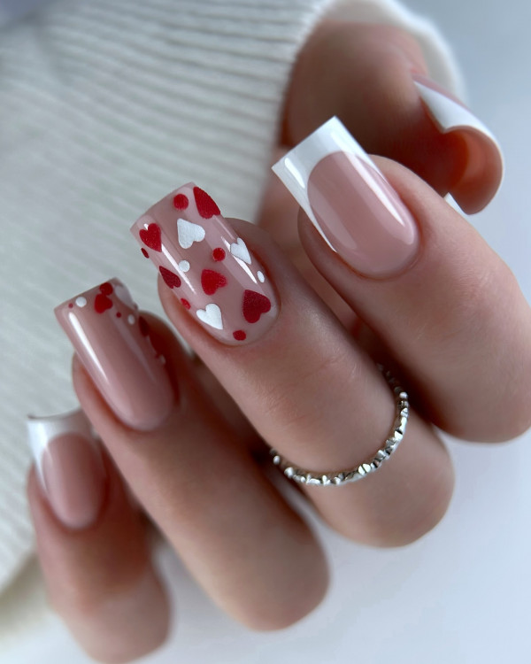 Square-Shaped French Tips with Red and White Hearts, Best Valentine's Day Nails ideas, Valentine's Nails, Valentine nails, Valentine's day nails, cute Valentine's nail art