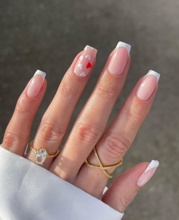 100 Best Valentine’s Day Nails ideas : Chic White French Tip Nails with Cute Heart Accents