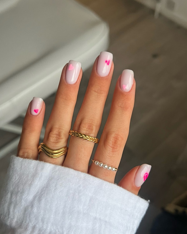 Milky White Romance Short Nails with Pink Heart Accents, Best Valentine's Day Nails ideas, Valentine's Nails, Valentine nails, Valentine's day nails, cute Valentine's nail art