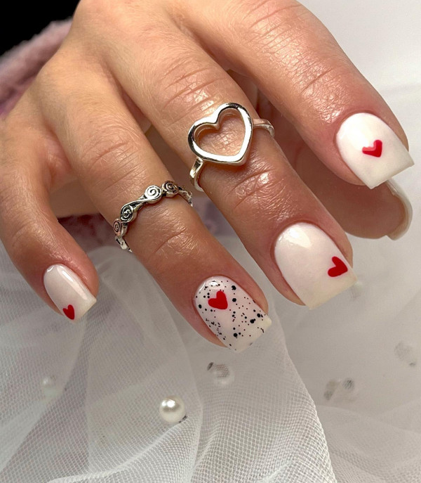 100 Best Valentine’s Day Nails ideas : Milky White Short Square Nails with Red Hearts