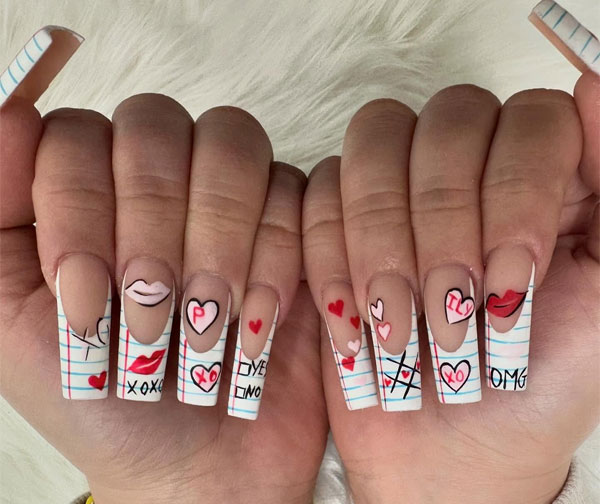 Valentine’s Day Schoolgirl-Inspired Nail Art, Best Valentine's Day Nails ideas, Valentine's Nails, Valentine nails, Valentine's day nails, cute Valentine's nail art