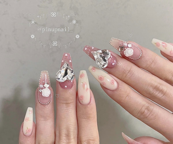 Soft Nude and Diamond Heart-Shaped Accents for Valentine's Day, Best Valentine's Day Nails ideas, Valentine's Nails, Valentine nails, Valentine's day nails, cute Valentine's nail art