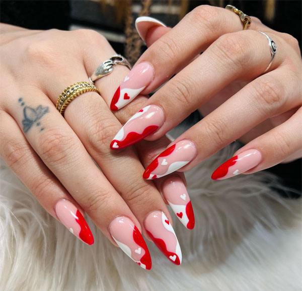 Red and White Negative Space Valentine's Day Nails with Love Hearts