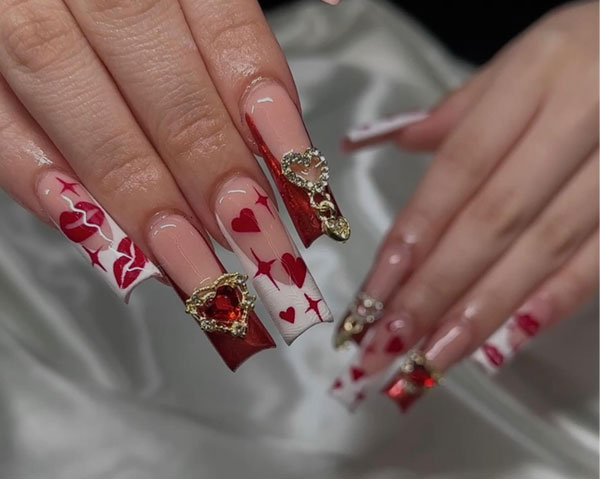 100 Best Valentine’s Day Nails ideas : Long Square Acrylic Nails with Gem Hearts, Red Hearts & Kisses