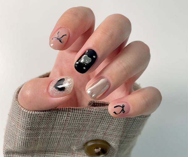 Modern Elegance with Black and Gold Valentine's Nails with Chrome Hearts, Valentine's Day Nails, Valentine nails, Valentine's day nails