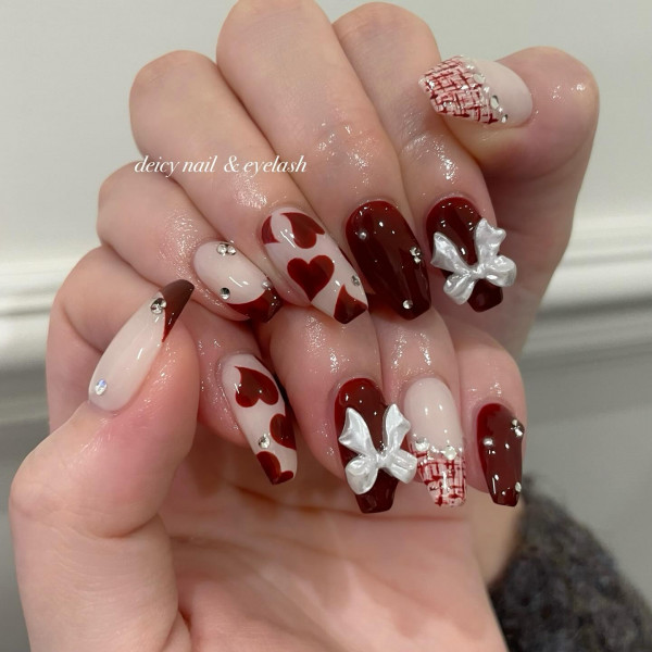 Burgundy Heart Valentine's Nails with 3D Bow, Valentine's Nails, Valentine nails, Valentine's day nails, cute Valentine's nail art