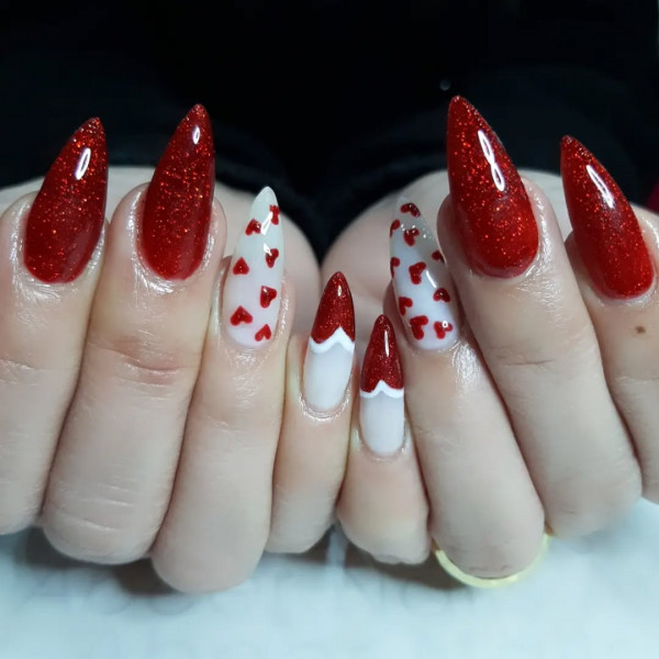 Shimmery Red Almond Nails with Heart Accents, Heart tip nails, Valentine's day nails acrylic, Best Valentine's Day Nails ideas, Valentine's Nails, Valentine nails, Valentine's day nails, cute Valentine's nail art