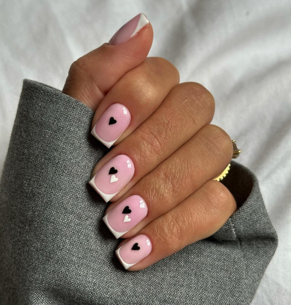 Modern French Manicure with Tiny Black and Red Heart, Best Valentine's Day Nails ideas, Valentine's Nails, Valentine nails, Valentine's day nails, cute Valentine's nail art