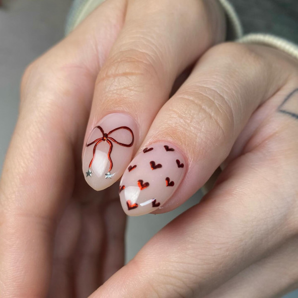 Subtle Nails with Chrome Red Bows & Hearts, Best Valentine's Day Nails ideas, Valentine's Nails, Valentine nails, Valentine's day nails, cute Valentine's nail art