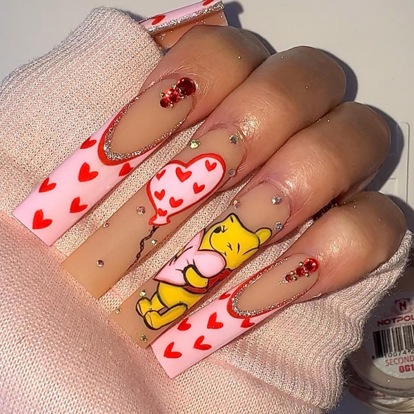 100 Best Valentine’s Day Nails ideas : Winnie The Pooh-Inspired Valentine’s Nails