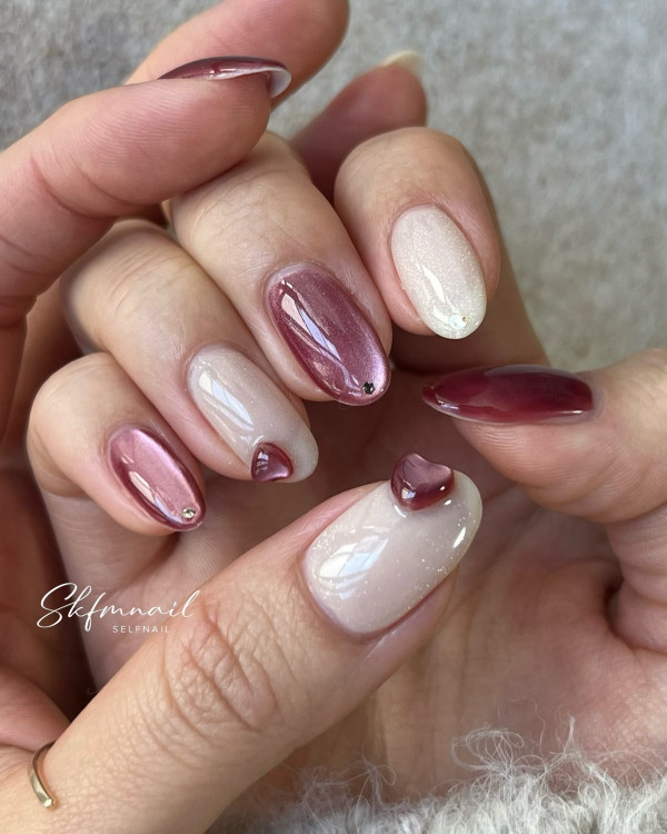 Romantic Glossy Valentine's Day Nails with 3D Mauve Hearts, simple valentine's day nails, Best Valentine's Day Nails ideas, Valentine's Nails, Valentine nails, Valentine's day nails, cute Valentine's nail art