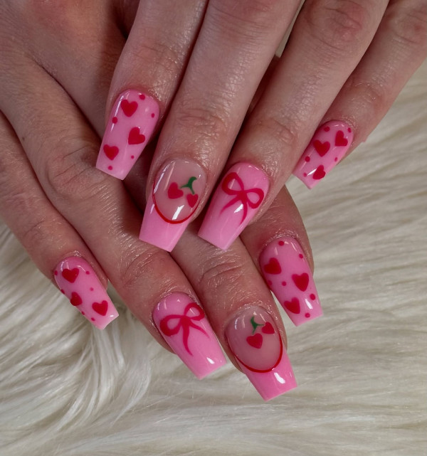 Sweet and Playful Pink Valentine's Day Nails with Red Accents, Valentine's day nails acrylic, Best Valentine's Day Nails ideas, Valentine's Nails, Valentine nails, Valentine's day nails, cute Valentine's nail art