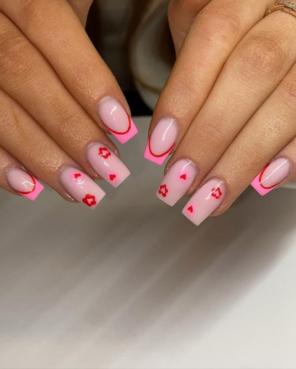 Pink and Red Double French Tip Valentine's Day Nails with Floral and Hearts, Best Valentine's Day Nails ideas, Valentine's Nails, Valentine nails, Valentine's day nails, cute Valentine's nail art