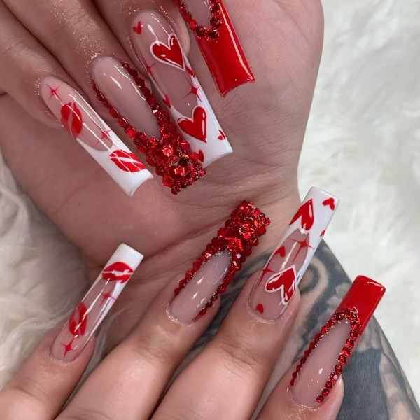 Bold Red Heart and Kiss Accent Long Acrylic Nails, Valentine's day nails acrylic, Best Valentine's Day Nails ideas, Valentine's Nails, Valentine nails, Valentine's day nails, cute Valentine's nail art