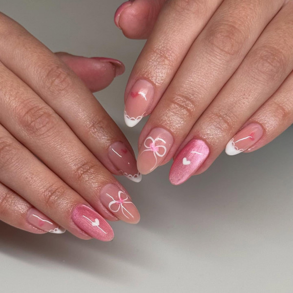 Shimmery Pink and White Lace Tips with Bows & Hearts , Best Valentine's Day Nails ideas, Valentine's Nails, Valentine nails, Valentine's day nails, cute Valentine's nail art