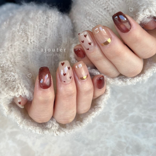 100 Best Valentine’s Day Nails ideas : Warm Brown and Nude Heart Nails with a Touch of Gold