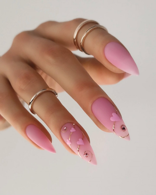 Matte Pink Stiletto Valentine's Nail Art with Pink Hearts, Best Valentine's Day Nails ideas, Valentine's Nails, Valentine nails, Valentine's day nails, cute Valentine's nail art