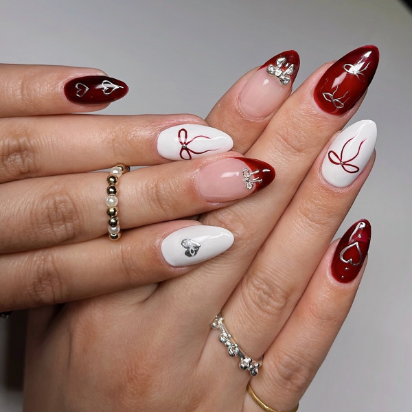 Elegant Rich Red and White Valentine's Day Nails with Chrome Bows & Love Hearts, Valentine's Day Nails, Valentine nails, Valentine's day nails, cute Valentine's nail art