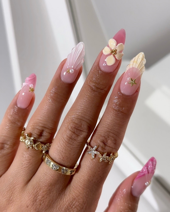 3D Floral and Shell Almond Nails in Soft Pastels