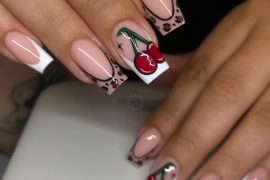Nude square nails with cherry art and leopard print French tips