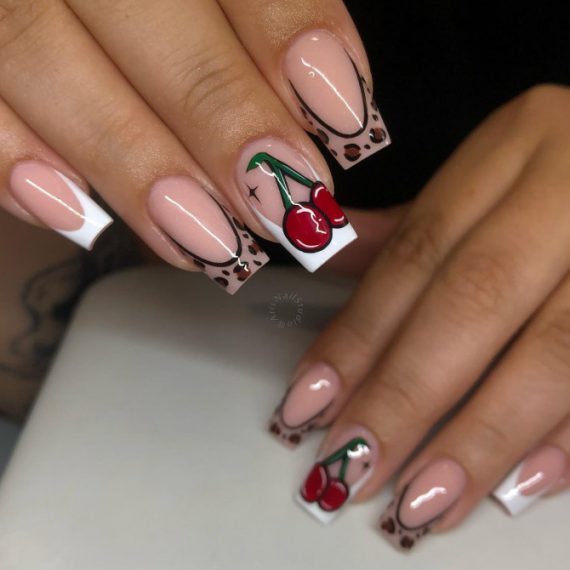 Nude square nails with cherry art and leopard print French tips