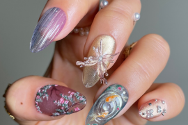 Almond-shaped nails with velvet and shimmer finishes, featuring cherry blossoms, koi fish, a 3D dragonfly charm, and glitter accents.